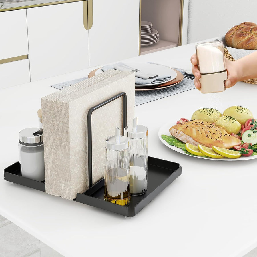 STWWO Serviettenhalter Schwarz, Serviettenhalter Aus Metall Mit Caddy Für Salz- Und Pfefferstreuern, Serviettenspender Für Tisch Küchenzubehör Servietten Halterung Zum Dekorieren, Upgrade 14Cm