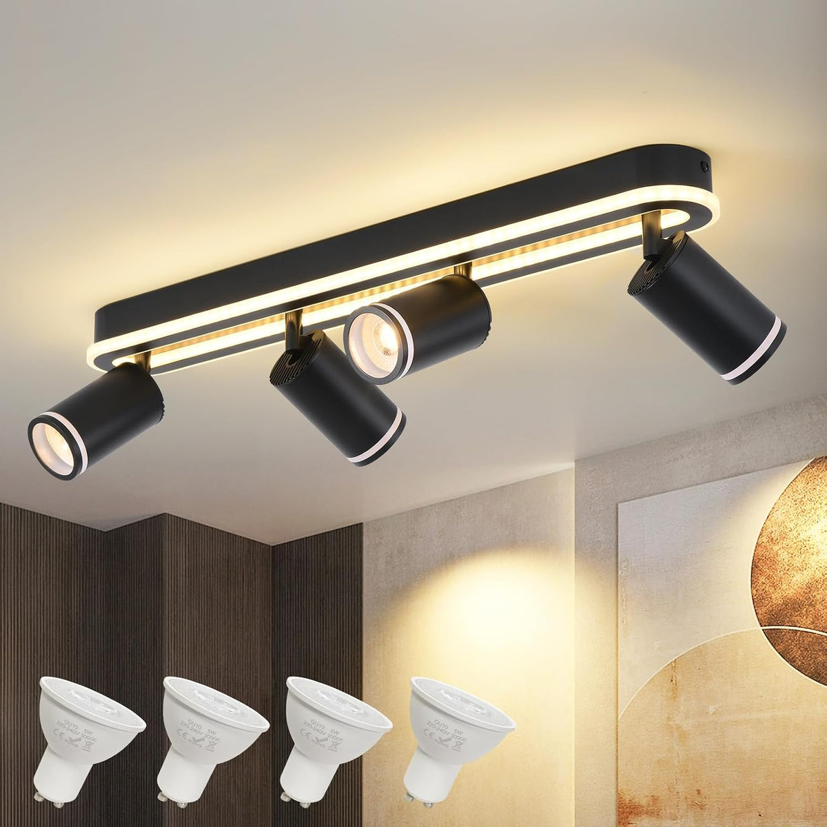 SANSHI Deckenleuchte 4 Flammig Led,Schwenkbar 350°Deckenstrahler,Deckenlampe Mit Unteres Glühen 36W+4X5W GU10 Spots,Modern Deckenspot Strahler 3000K Warmweiß,Spotlight Lampe Für Wohnzimmer,Schwarz