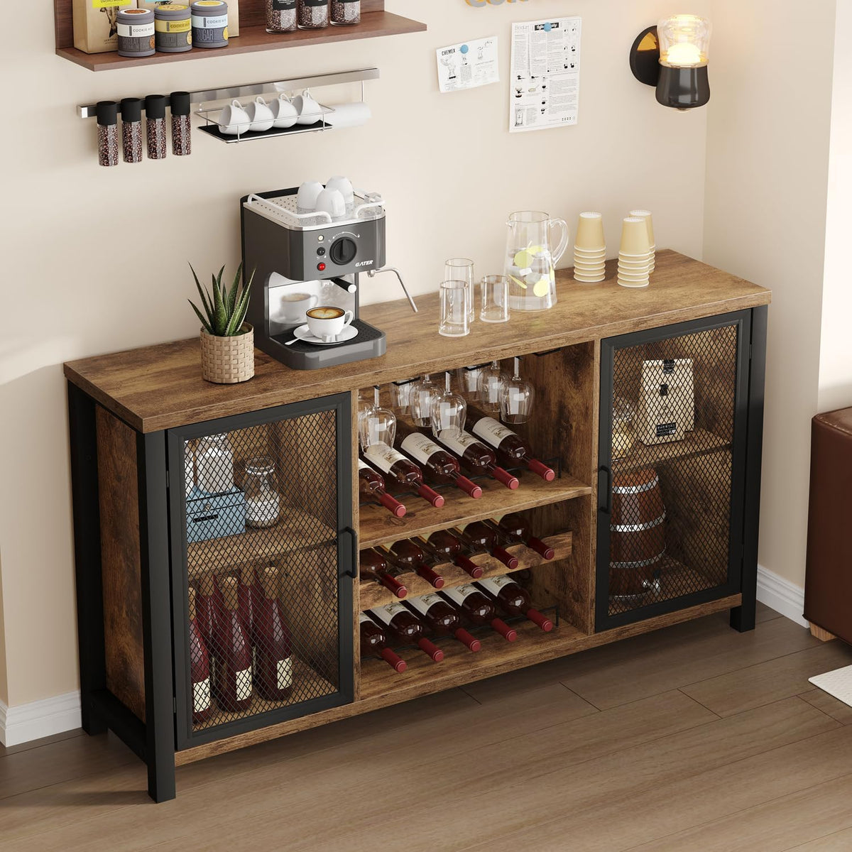 IBF Weinschrank Barschrank Mit Weinregal Und Glashalter Industrial Küchenschrank Kaffeebarschrank Sideboard Weinbarschrank Für Küche Esszimmer Wohnzimmer Eingangsbereich,140 Cm Rustikales Braun