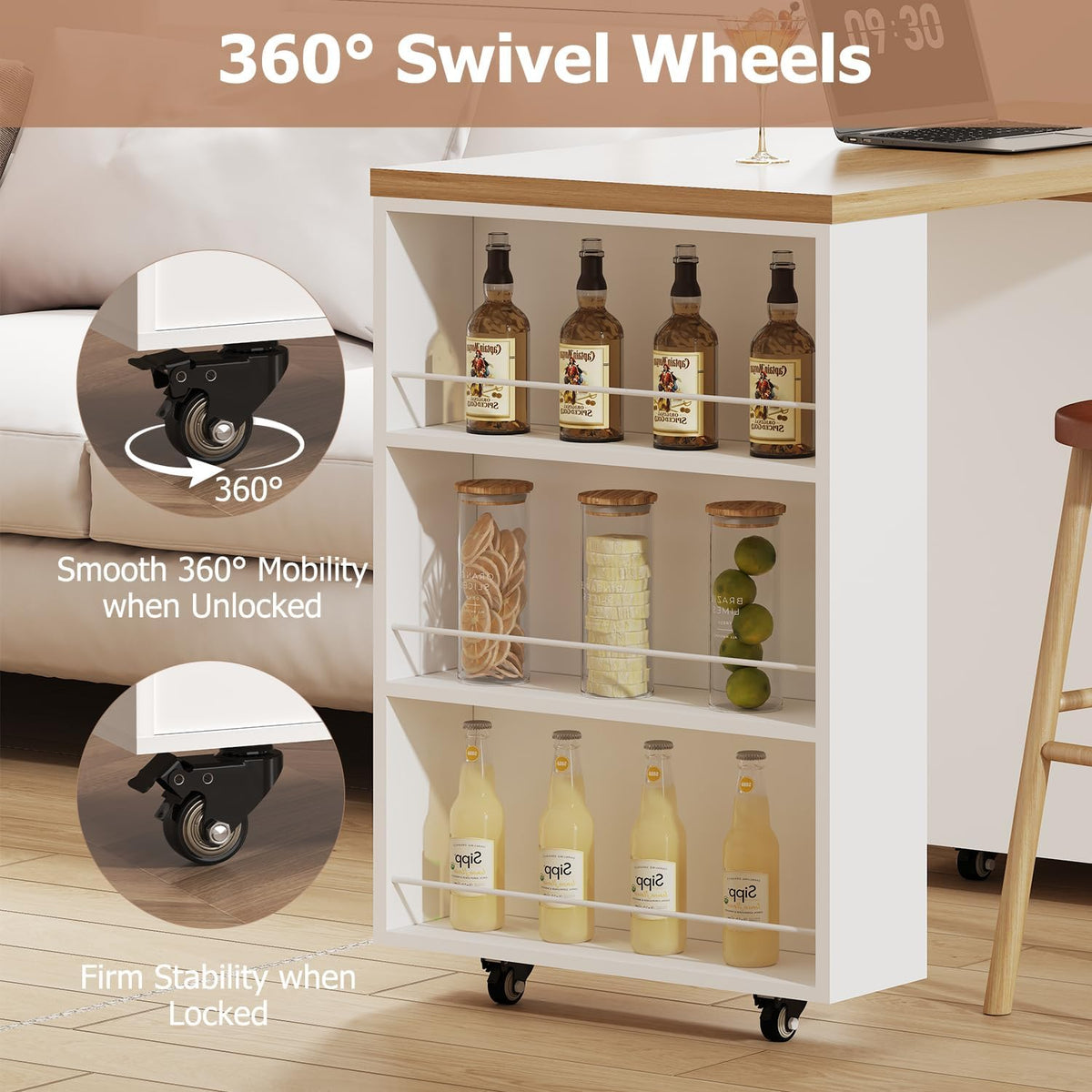 IBF Kücheninsel Freistehend Mit Arbeitsplatte Auf 7 Rollen Küchenschrank Küchenwagen Moderne Mobile Kücheninsel Mit 360 Grad Drehbarer Holzplatte Und Schublade Für Esszimmer Weiß 184 Cm
