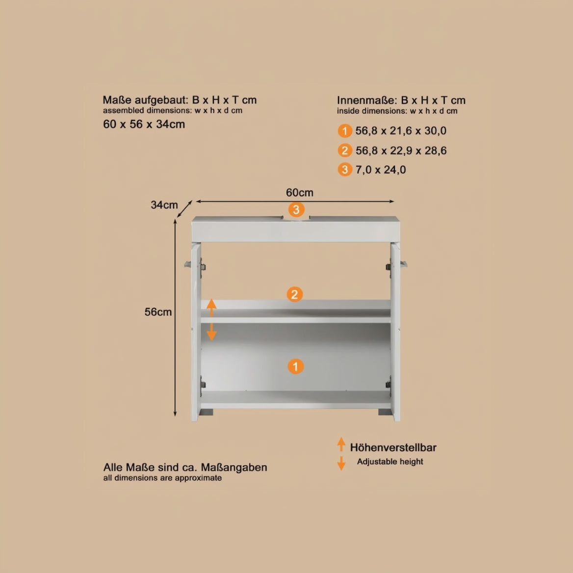 Trendteam Smart Living - Amanda - Waschbeckenunterschrank - Weiß/Weiß Hochglanz - 1 Einlegeboden - (Bxhxt) 60 X 56 X 34 Cm - Kratzfest