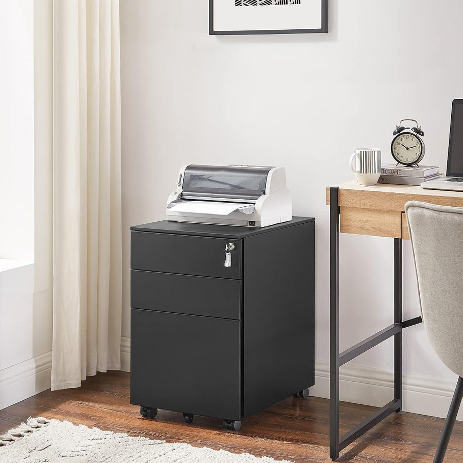SONGMICS Rollcontainer, Unter Schreibtisch, Mit 3 Schublade, Vormontiert, Abschließbarer Büroschrank Mit Hängeregistratur, Für Akten, Dokumente, Schreibwaren, 52 X 39 X 60 Cm, Schwarz OFC60BK