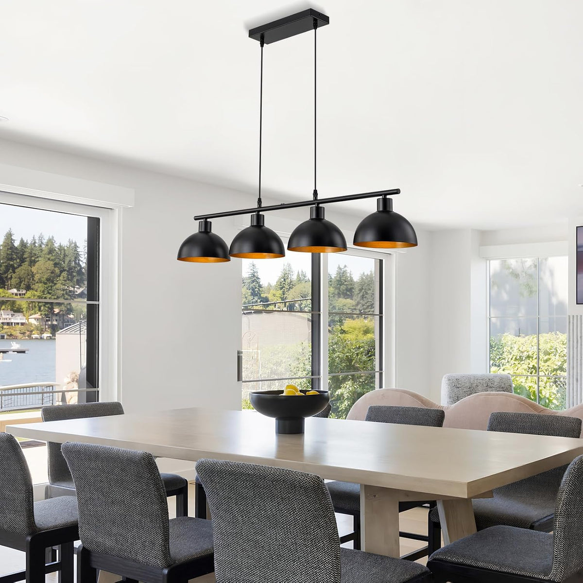 WILON Pendelleuchte Esstisch Schwarz,Esszimmerlampe Hängend 4 Flammig,Vintage Pendelleuchte Im Industrial Design, Metall Lampenschirm Hängelampe, Wohnzimmerlampe Decke Hängend (Ohne Lichtquelle)