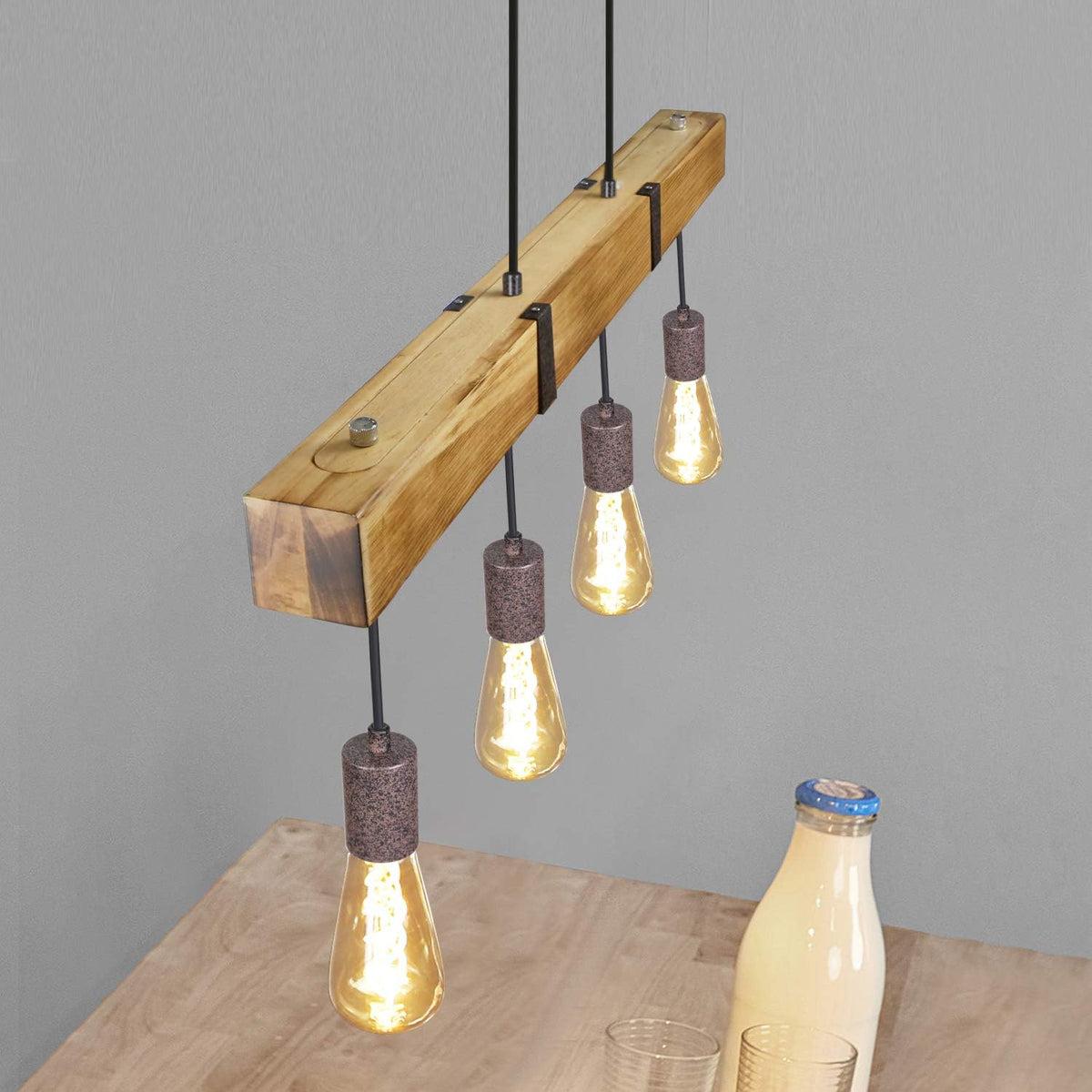 GBLY Vintage Pendelleuchte Holz Esstischlampe Retro Hängeleuchte Mit 80CM Holzbalken 4 X E27 Max. 25 Watt Hängelampe Industrial Pendellampe Für Esszimmer Küche Wohnzimmer Bar Restaurant
