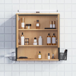 EUGAD Spiegelschrank Bad Mit Beleuchtung, Badezimmerschrank Mit Spiegel, Badschrank Hängend, Mit Verstellbarer Ablage Halter Korb, Aus Metall MDF, Schwarz + Helle Eiche