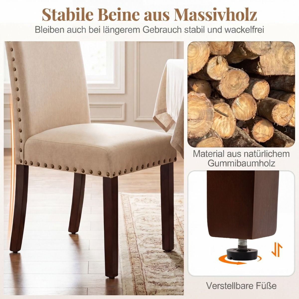 2Er Set Esszimmerstühle Mit Gepolsterter Sitzfläche & Rückenlehne & Gummiholzbeine Polsterstühle Beige
