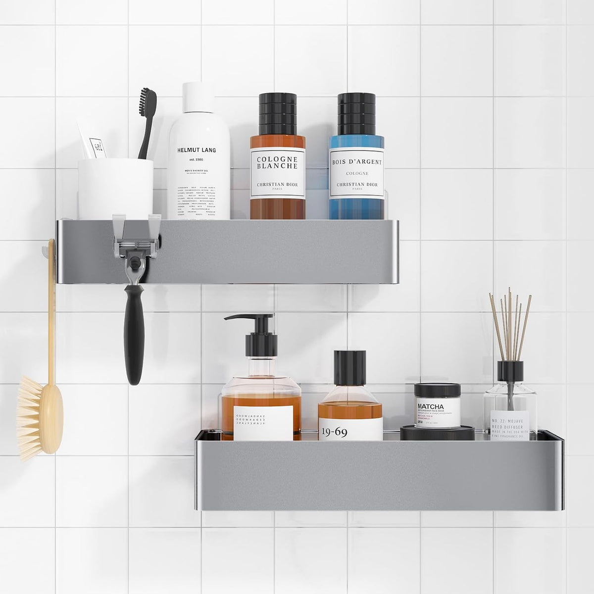 Duschablage Ohne Bohren - 2 Stück Rostfreie Badezimmer Organizer, Schnell Trocknende Badregal Ohne Bohren Mit Großer Kapazität, Langlebige Shampoo Halterung Für Duschel, Large, Weiß, Schwarz
