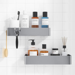 Duschablage Ohne Bohren - 2 Stück Rostfreie Badezimmer Organizer, Schnell Trocknende Badregal Ohne Bohren Mit Großer Kapazität, Langlebige Shampoo Halterung Für Duschel, Large, Weiß, Schwarz