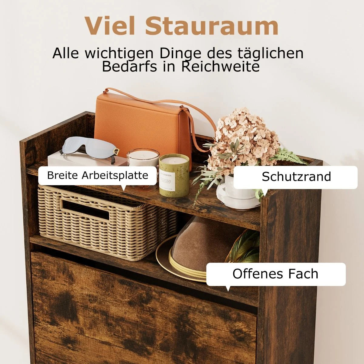 Schuhschrank Mit 2 Klappfächern Schlankes Verstecktes Holz-Schuhregal Weiß/Rustikale Holzoptik