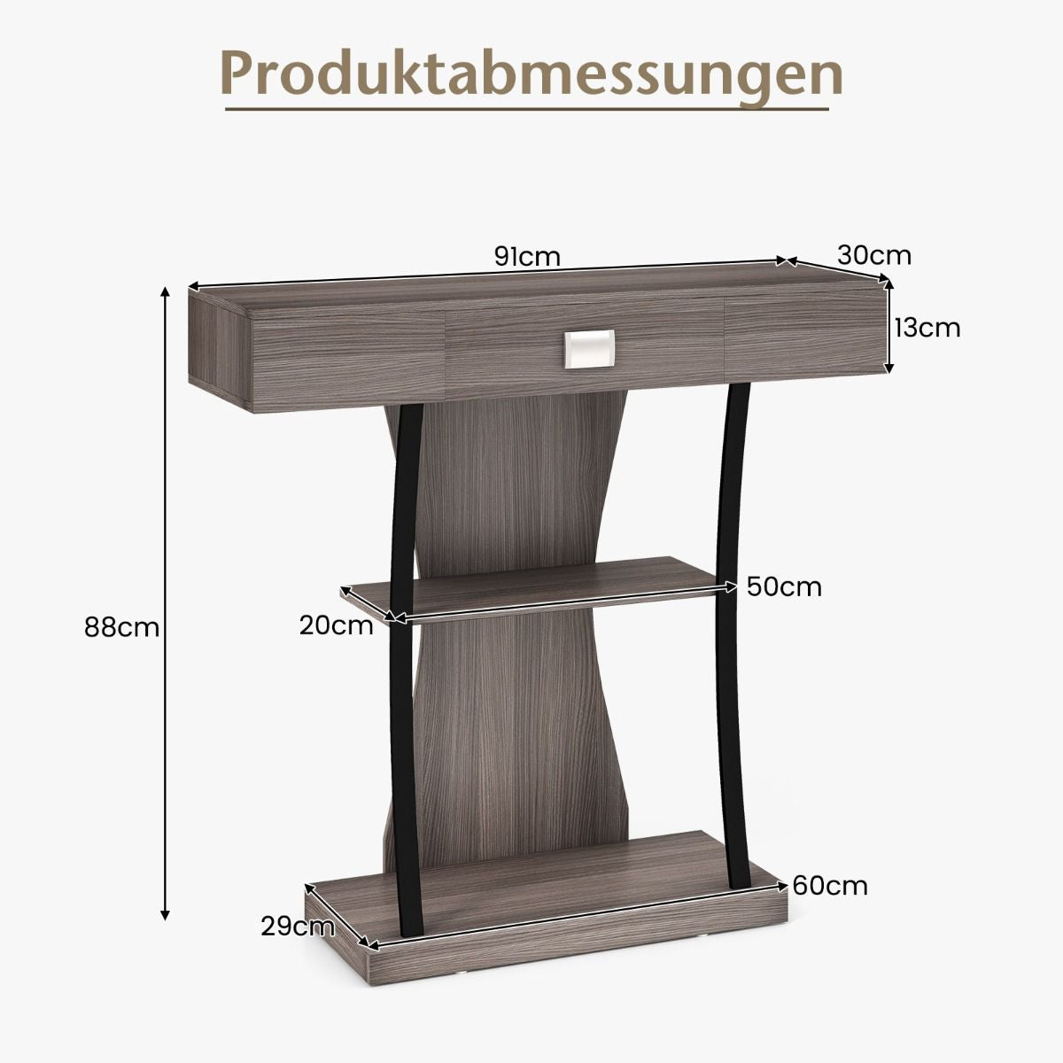 Konsolentisch Aus Holz Mit Schubladen & Metallrahmen & 2 Ablagen & Kippschutz Grau