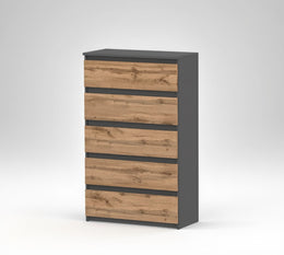 Kommode Mit 5 Schubladen - Holz Sideboard 70X115X33,5 Cm (B/H/T) - Schmale Kommode Für Schlafzimmer & Flur - Regal Mit Schubladen - Schrank Mit Schubladen (Grau Matt/Wotan)