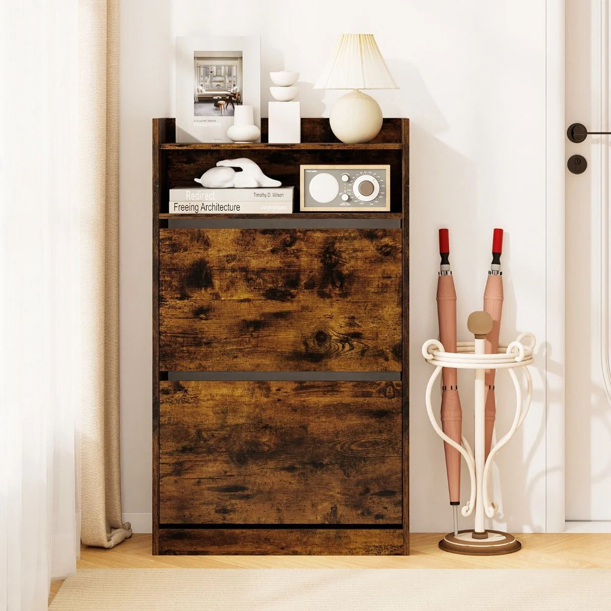 Schuhschrank Mit 2 Klappfächern Schlankes Verstecktes Holz-Schuhregal Weiß/Rustikale Holzoptik
