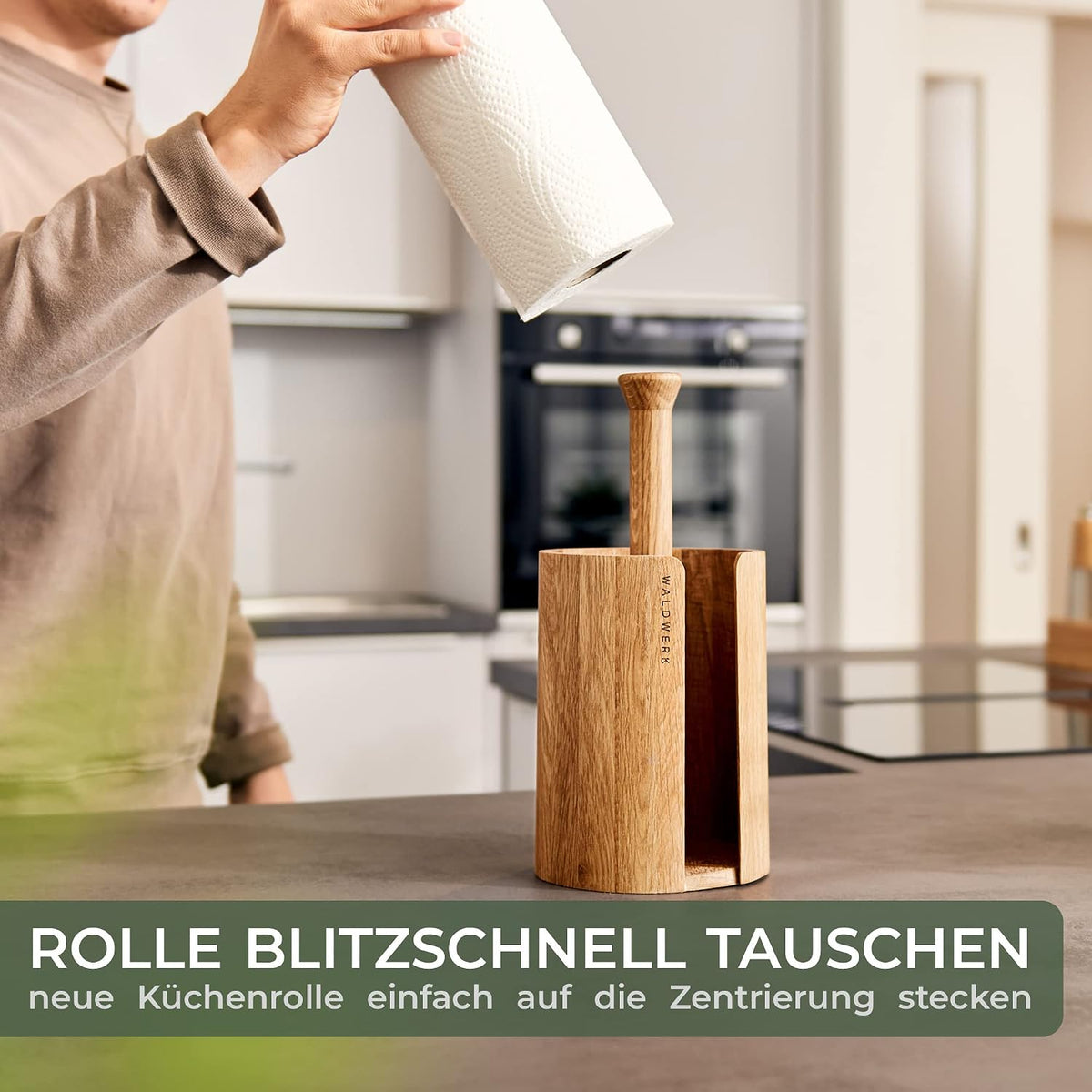 WALDWERK Küchenrollenhalter Aus Echtem Eichenholz - Stehend Für Alle Handelsüblichen Küchenrollen - Plastikfreier Rollenhalter