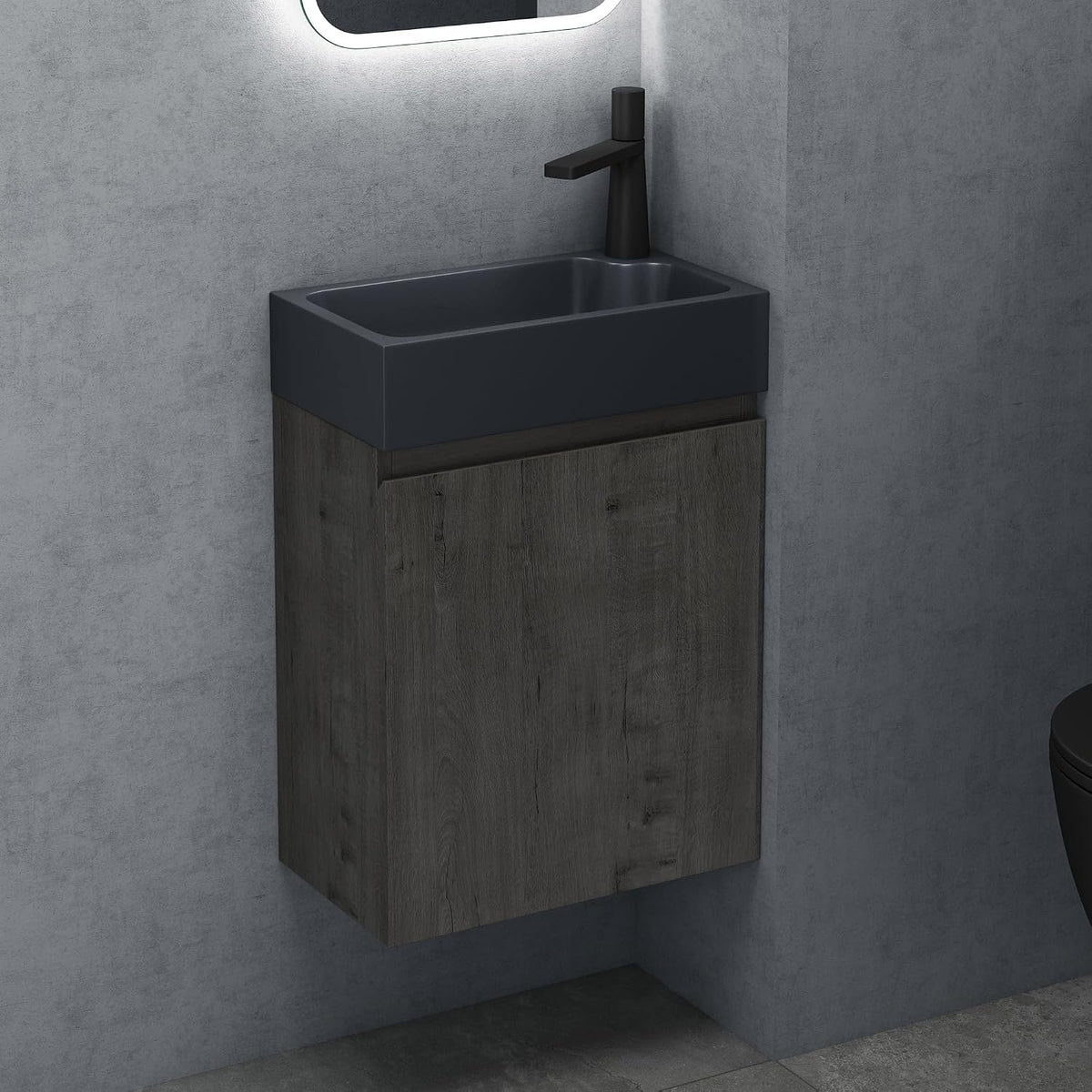 Doporro Badezimmerschrank Badmöbel-Set in Eiche Greige Bxtxh: 46X26X63Cm Waschtisch Mit Unterschrank Mit Mineralguss-Waschbecken in Matt Anthrazit Gäste-Wc Wandmontage Pisa02