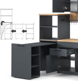 Vicco Küchenzeile Egbert, Anthrazit, 160 Cm Mit Ausziehbarem Tisch, Mit Integriertem Tellertrockner Und Seitlichen Regalablagen