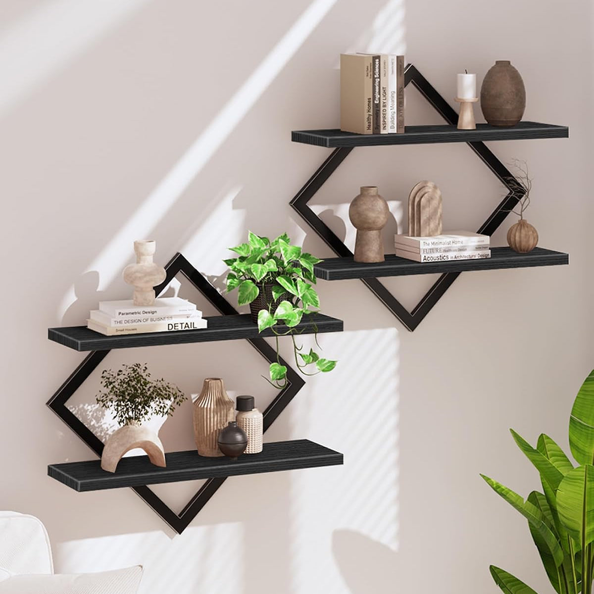 CHOEZON Wandregal, 2Er-Set, Schweberegal, 2-Stöckige Hängeregale, Für Wohnzimmer, Schlafzimmer, Küche, Büro, Rustikales Braun Und Schwarz DTBJ01P2BF