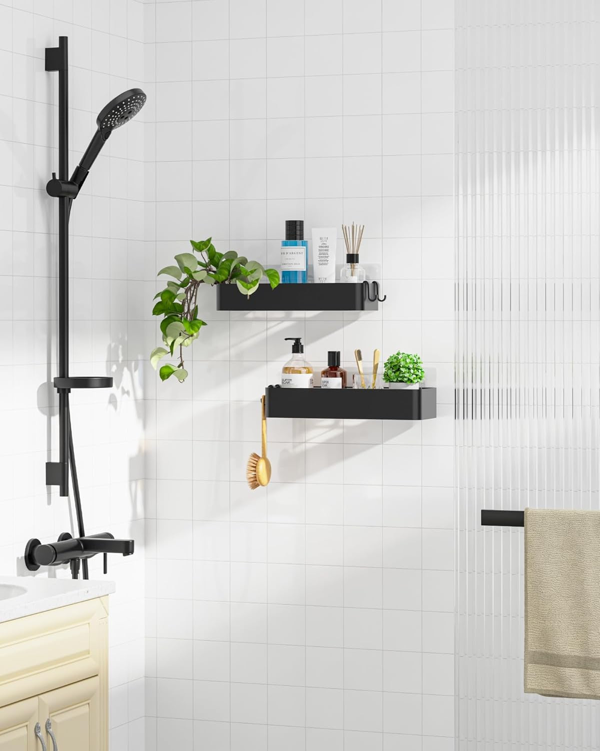 Duschablage Ohne Bohren - 2 Stück Rostfreie Badezimmer Organizer, Schnell Trocknende Badregal Ohne Bohren Mit Großer Kapazität, Langlebige Shampoo Halterung Für Duschel, Large, Weiß, Schwarz