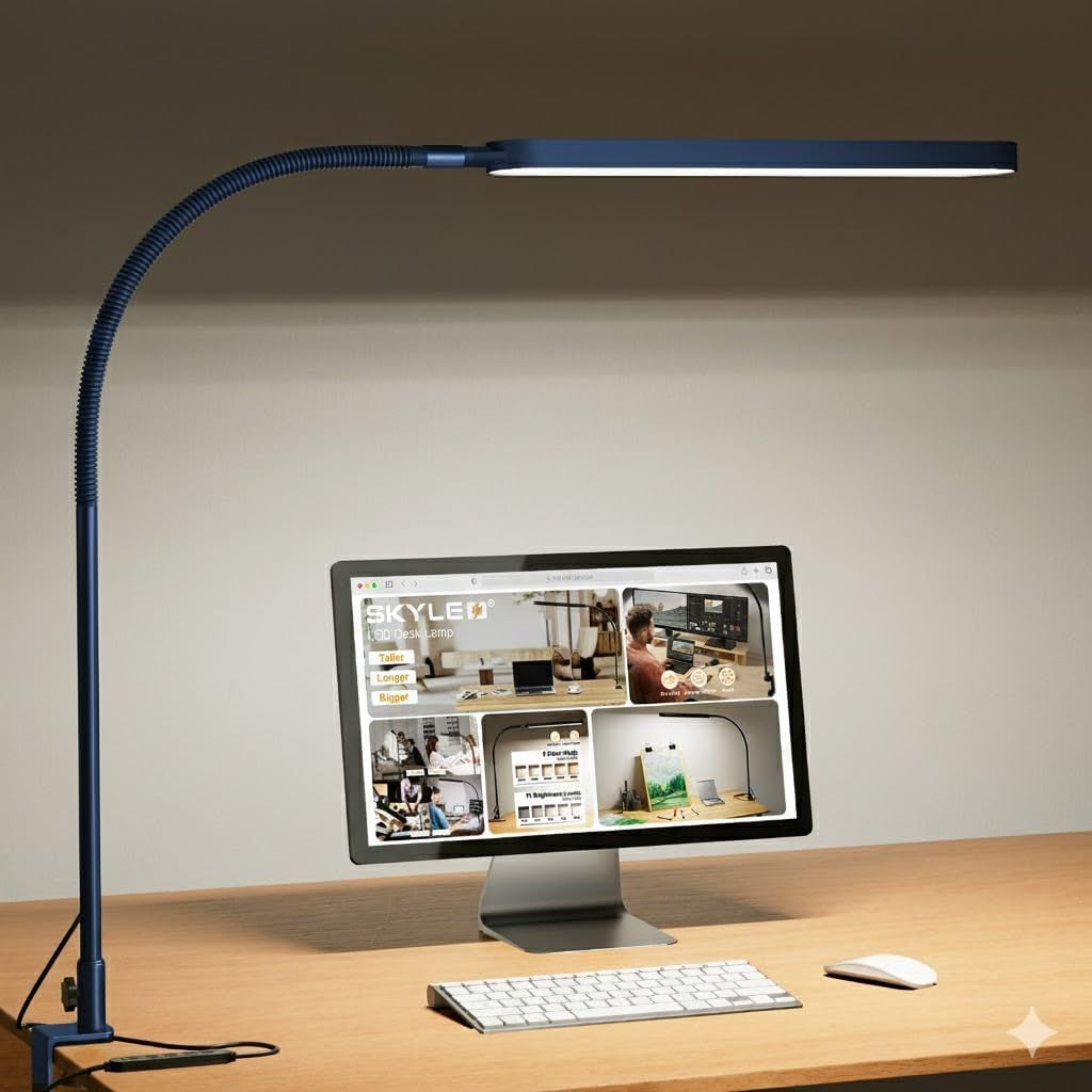 SKYLEO Schreibtischlampe LED – Schreibtischlampe Klemmbar 1300LM – 5 Farbmodi X 11 Helligkeitsstufen – Verstellbarer Schwenkarm – Timmer Und Speicherfunktion – 12W Desk Lamp – Schwarz