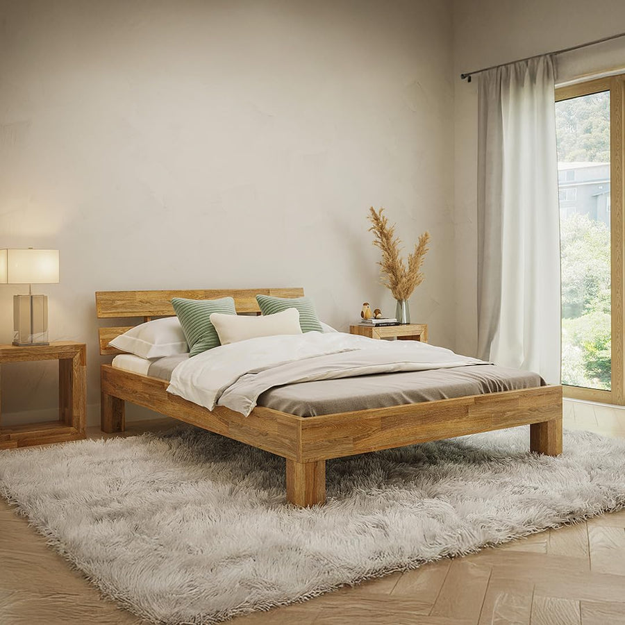 Floki Massivholzbett 140X200 Cm Aus Eiche - Hochwertiges Bettgestell - Bettrahmen Mit Bettkopf - Holzbett in Natur Geölt - Bett Geeignet Als Doppelbett - Futonbett Schlafzimmer