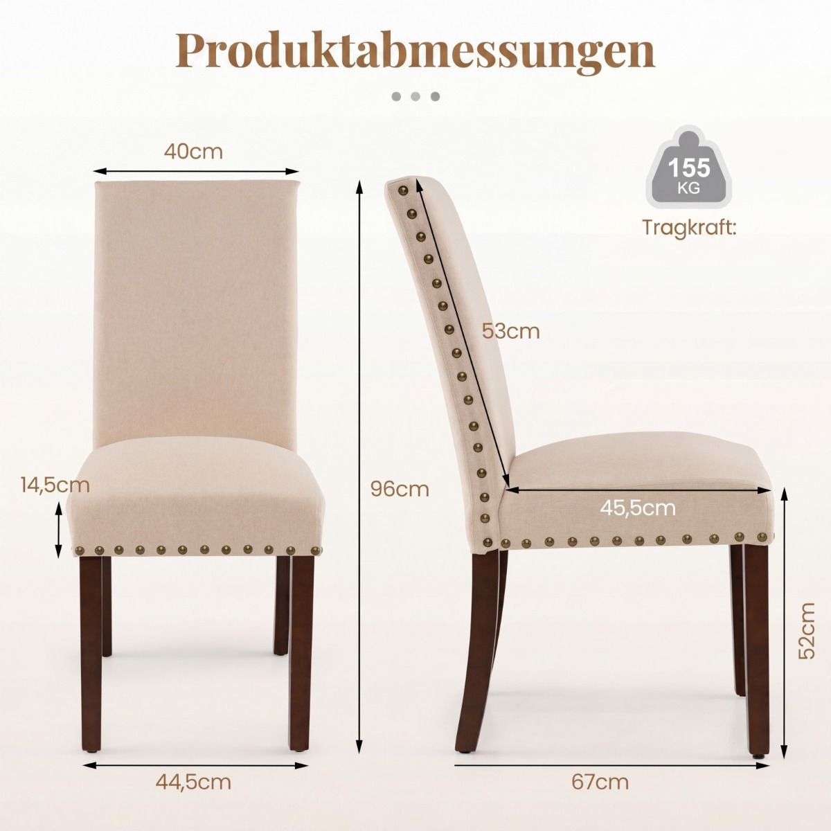 2Er Set Esszimmerstühle Mit Gepolsterter Sitzfläche & Rückenlehne & Gummiholzbeine Polsterstühle Beige