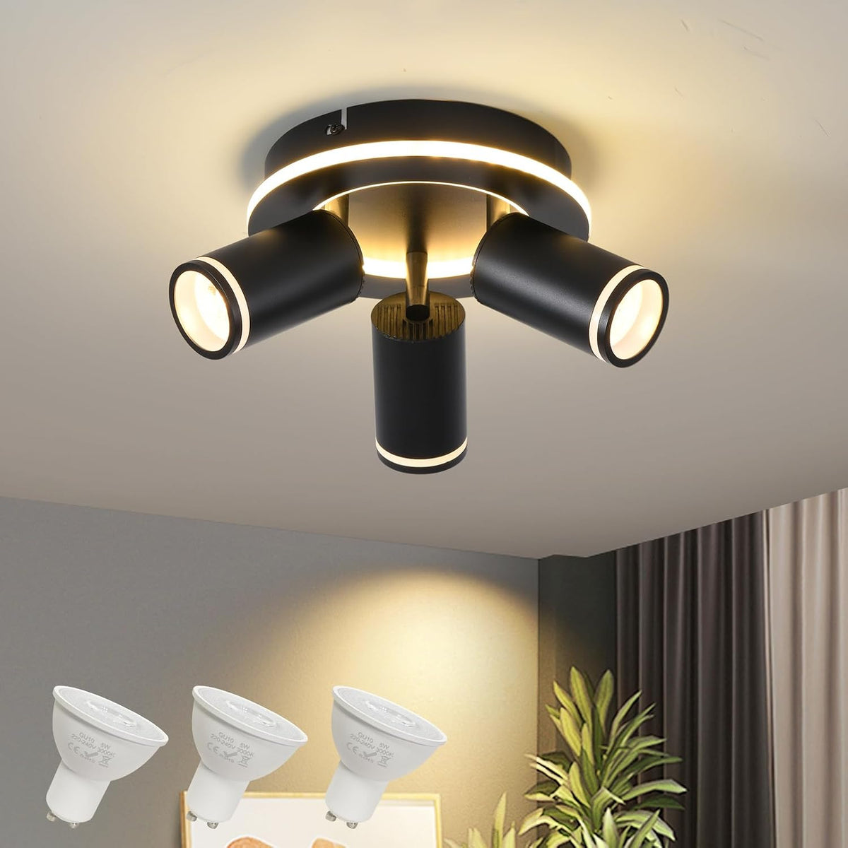 SANSHI Deckenleuchte 4 Flammig Led,Schwenkbar 350°Deckenstrahler,Deckenlampe Mit Unteres Glühen 36W+4X5W GU10 Spots,Modern Deckenspot Strahler 3000K Warmweiß,Spotlight Lampe Für Wohnzimmer,Schwarz