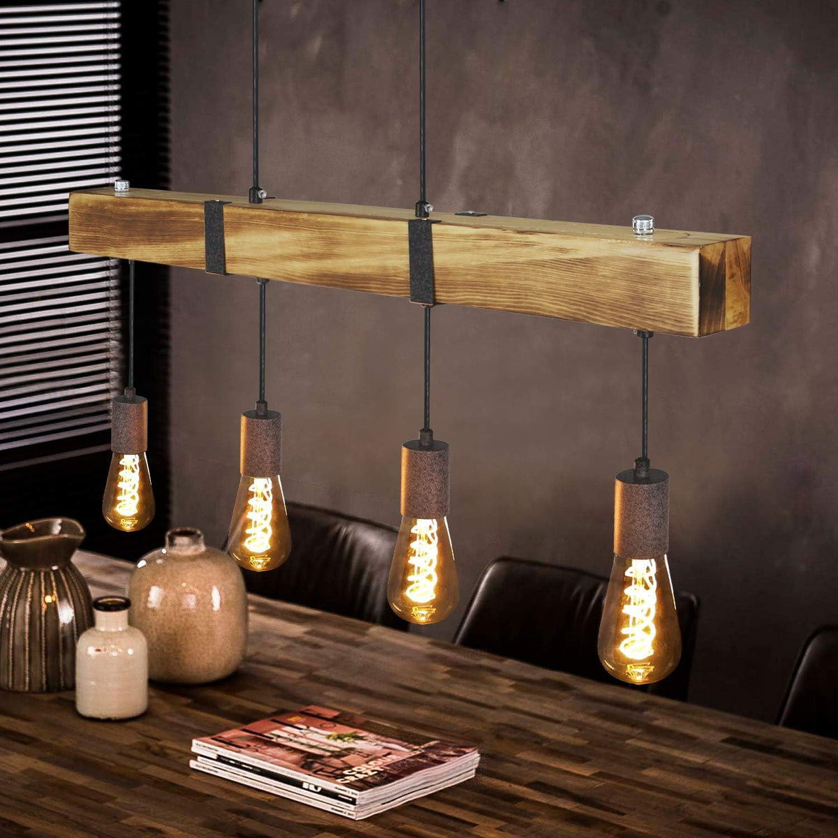 GBLY Vintage Pendelleuchte Holz Esstischlampe Retro Hängeleuchte Mit 80CM Holzbalken 4 X E27 Max. 25 Watt Hängelampe Industrial Pendellampe Für Esszimmer Küche Wohnzimmer Bar Restaurant