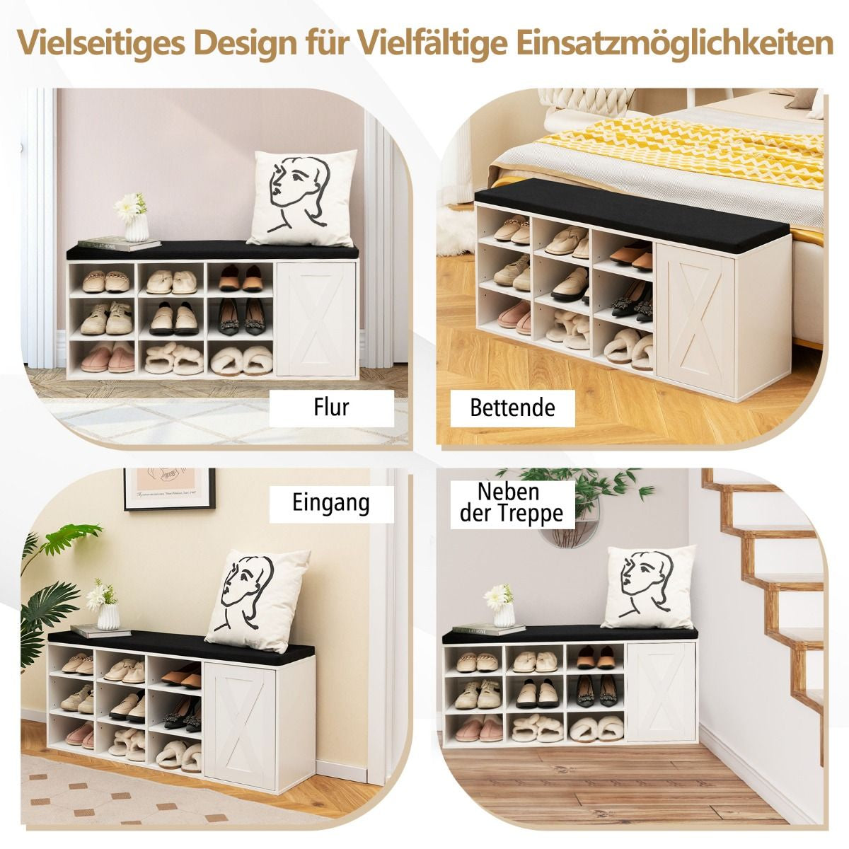 Schuhbank Mit Gepolstertem Kissen & 9 Fächern 3-Stöckiger Schuhregal Mit Verstellbaren Regalen Braun/Weiß
