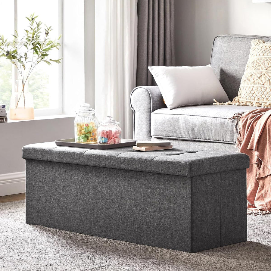 SONGMICS Sitzhocker Mit Stauraum, Klappbare Sitzbank, 38 X 110 X 38 Cm Fußbank, Aufbewahrungsbox, Bis 300 Kg Belastbar, Für Wohnzimmer Schlafzimmer Flur, Schiefergrau LSF77K