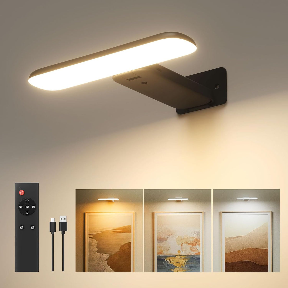 FULEN Bildbeleuchtung Kabellos, Akku Wandleuchte Innen, Kunstleuchten Für Malen Foto Portrait, Dart Beleuchtung, LED Wandlampe Mit 3 Farbtemperaturen, Fernbedienung Mit Timer, Schwarz, 2 Stück