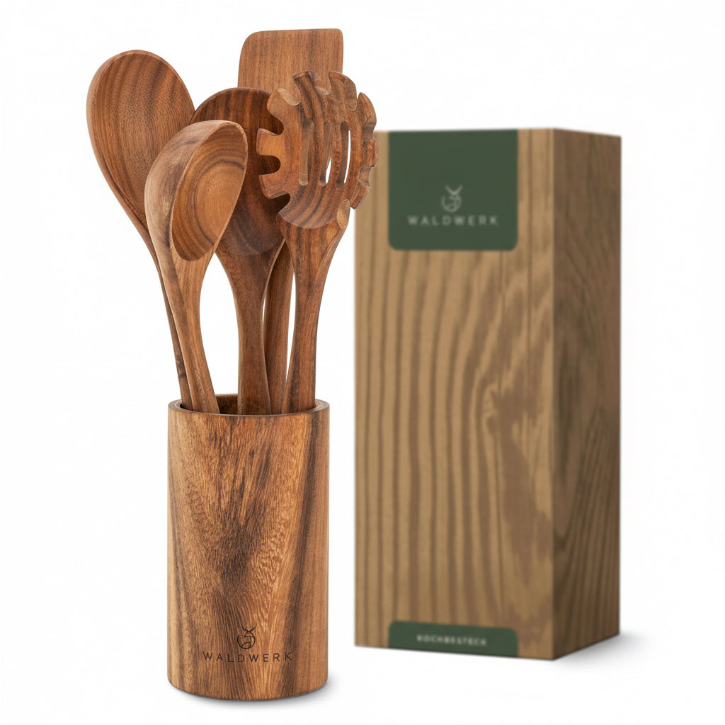 WALDWERK Küchenhelfer Set Aus Holz - 9-Teilig Mit Grillzange, Schneebesen, Pfannenwender, Löffel Und Nudelschöpfer - Kochutensilien