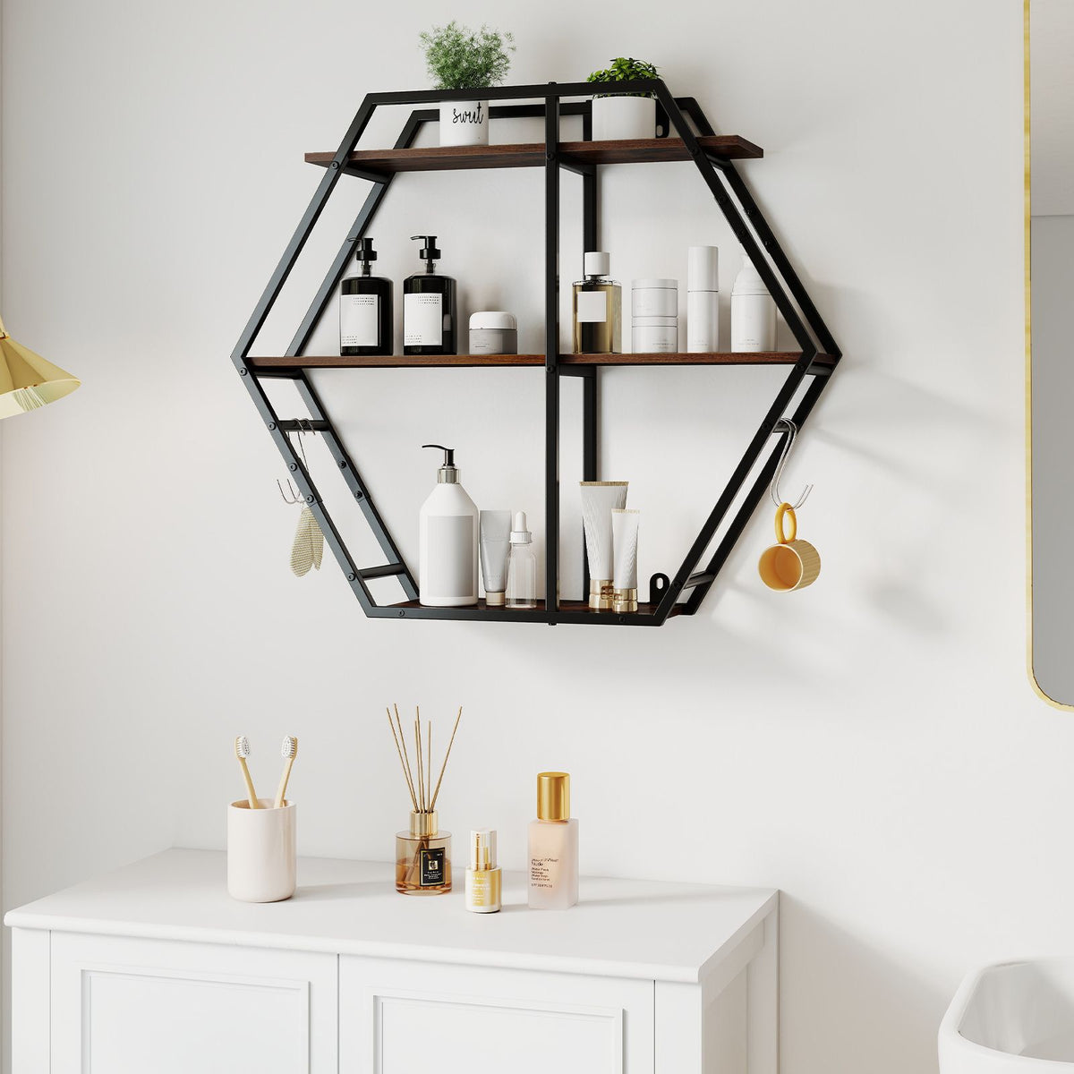 Industrielle Hexagon Wandregal 3-Stufiges Dekorative Schwebende Regal Mit Haken Rustikal