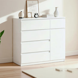 YOUDENOVA Kommode Mit 5 Schubladen Und 1 Tür, Weiß Holz Kommode Für Schlafzimmer Flur Wohnzimmer, Komodenschrank 40Cm Tief, Schubladenschrank 90 Cm Breit, Modern Möbel, 90 X 40 X 80 Cm