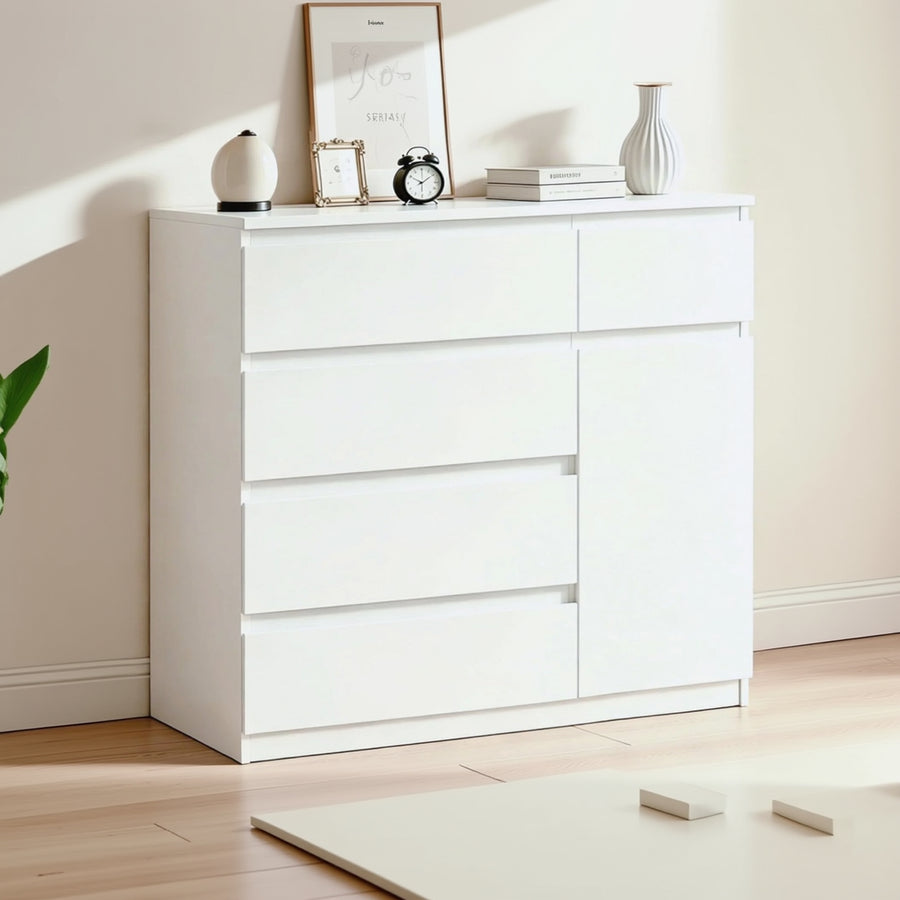 YOUDENOVA Kommode Mit 5 Schubladen Und 1 Tür, Weiß Holz Kommode Für Schlafzimmer Flur Wohnzimmer, Komodenschrank 40Cm Tief, Schubladenschrank 90 Cm Breit, Modern Möbel, 90 X 40 X 80 Cm