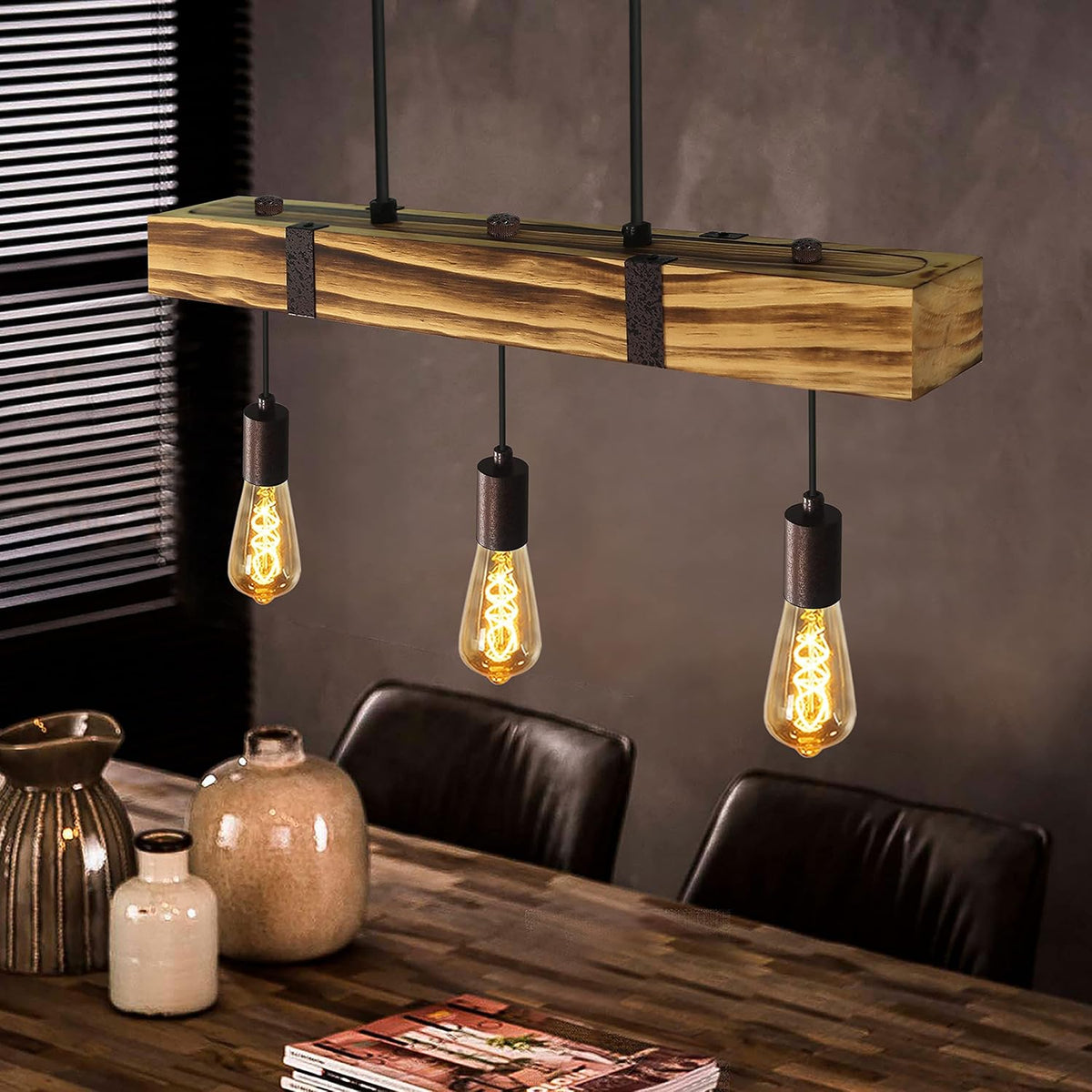 GBLY Vintage Pendelleuchte Holz Esstischlampe Retro Hängeleuchte Mit 80CM Holzbalken 4 X E27 Max. 25 Watt Hängelampe Industrial Pendellampe Für Esszimmer Küche Wohnzimmer Bar Restaurant