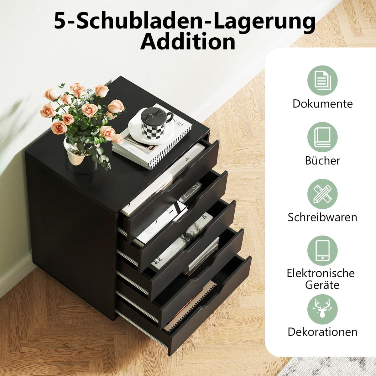 Rollcontainer Mit 5 Schubladen Mobiler Aktenschrank Mit Rädern Bürocontainer