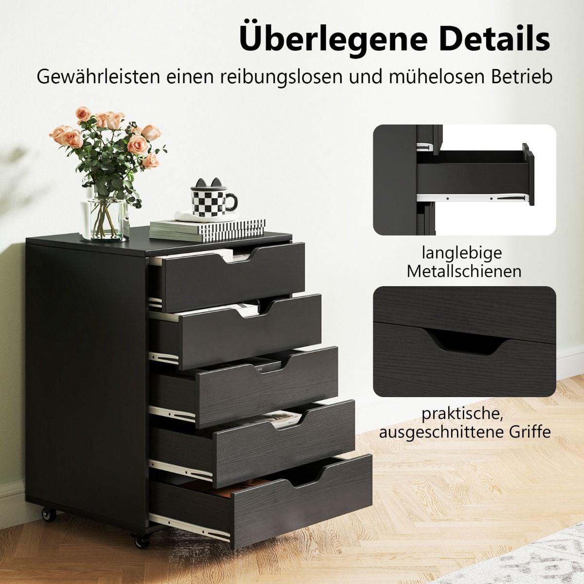Rollcontainer Mit 5 Schubladen Mobiler Aktenschrank Mit Rädern Bürocontainer