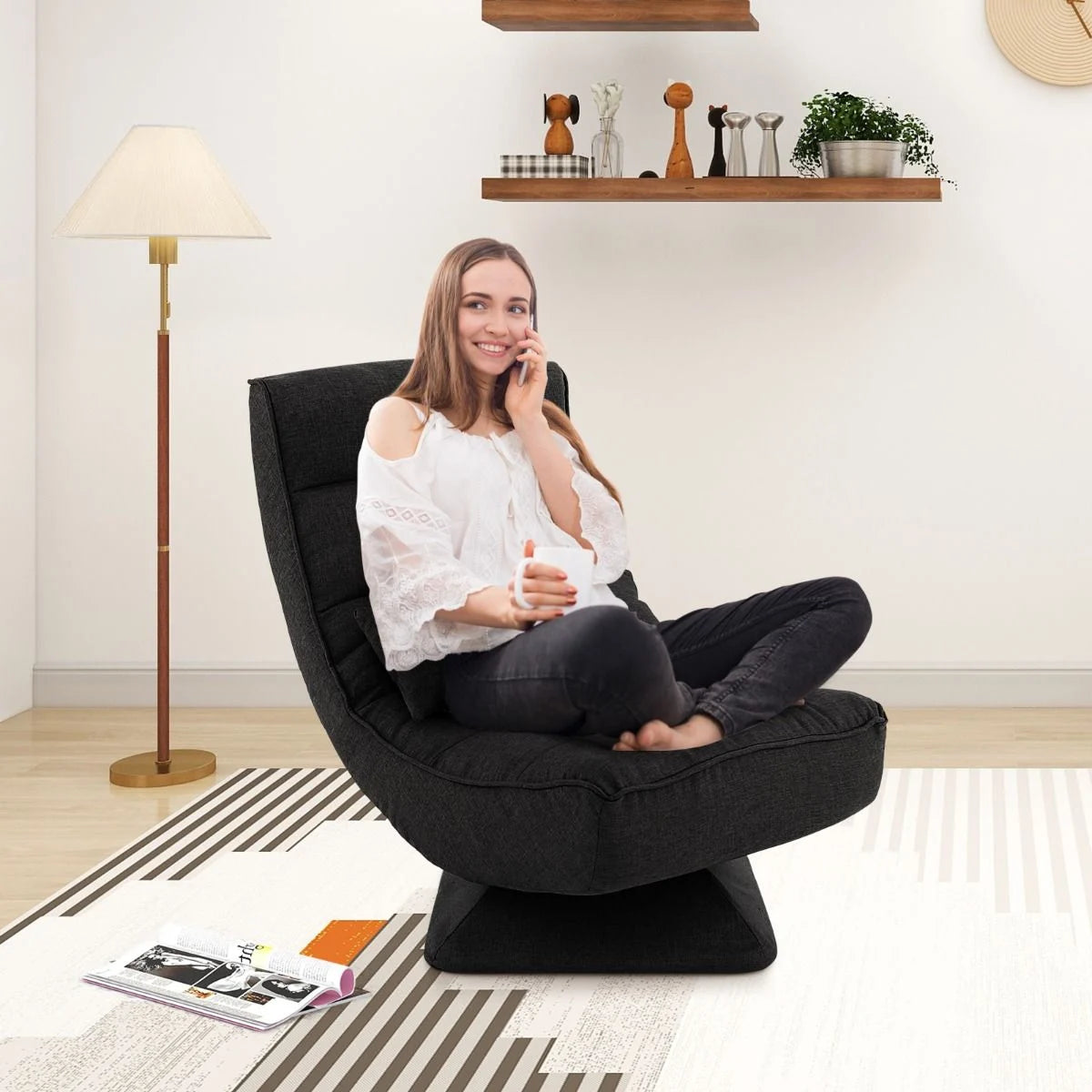360° Drehbarer Bodensessel Mit Rückenlehne & Lendenkissen Bodenstuhl Lazy Sofa