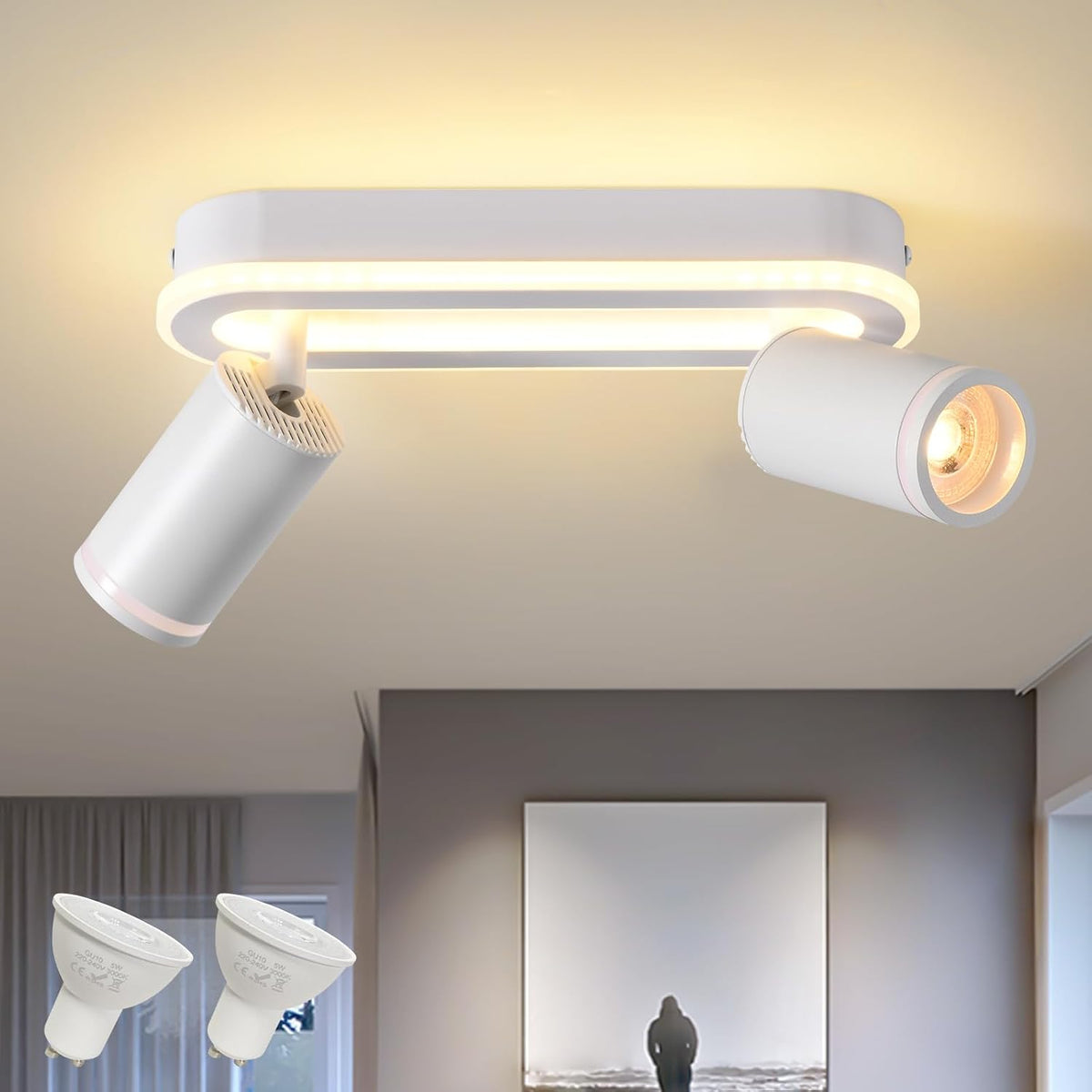 SANSHI Deckenleuchte 4 Flammig Led,Schwenkbar 350°Deckenstrahler,Deckenlampe Mit Unteres Glühen 36W+4X5W GU10 Spots,Modern Deckenspot Strahler 3000K Warmweiß,Spotlight Lampe Für Wohnzimmer,Schwarz