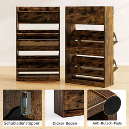 Schuhschrank Mit 2 Klappfächern Schlankes Verstecktes Holz-Schuhregal Weiß/Rustikale Holzoptik