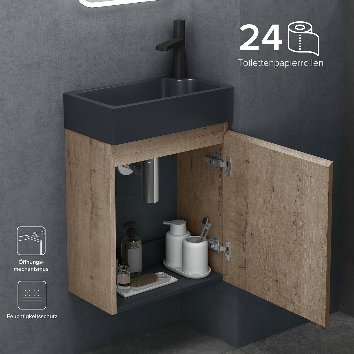Doporro Badezimmerschrank Badmöbel-Set in Eiche Greige Bxtxh: 46X26X63Cm Waschtisch Mit Unterschrank Mit Mineralguss-Waschbecken in Matt Anthrazit Gäste-Wc Wandmontage Pisa02
