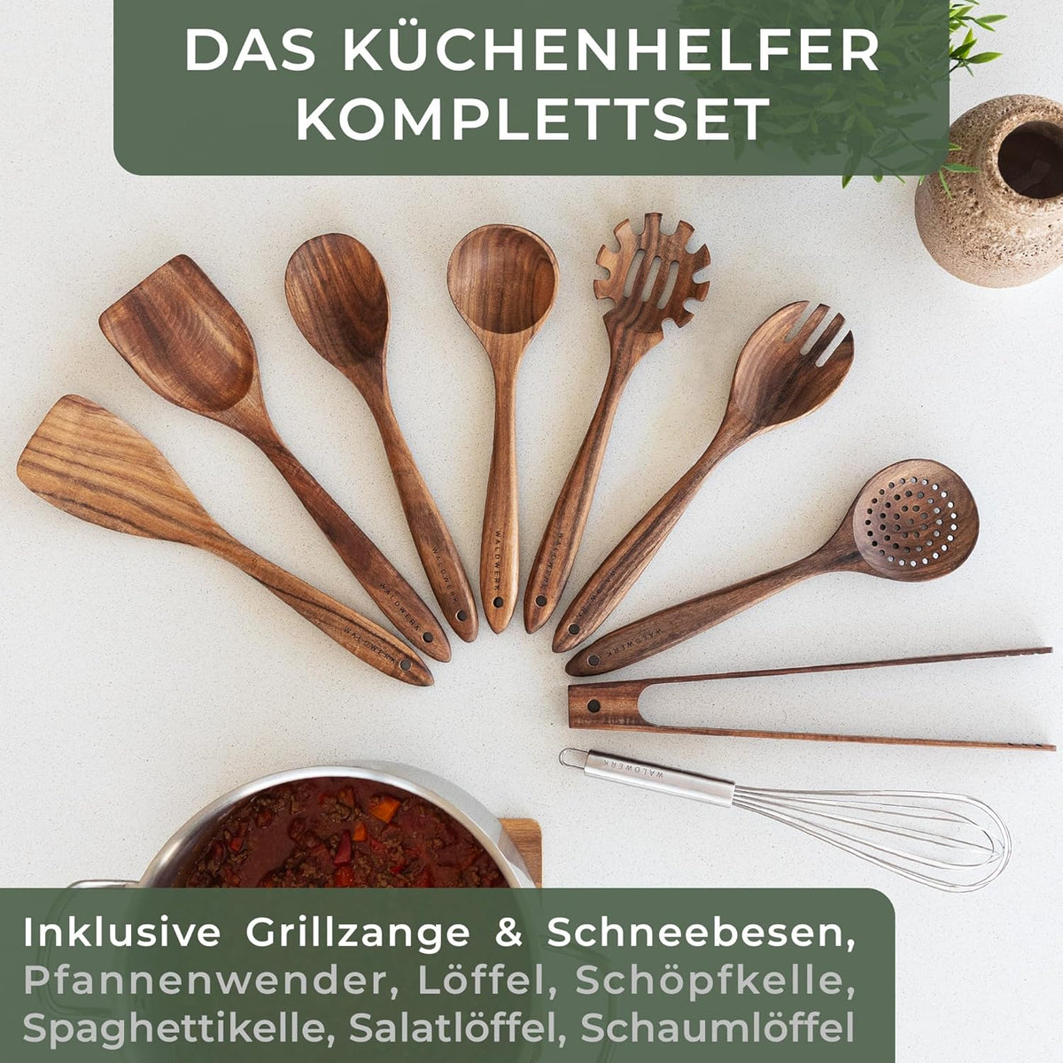WALDWERK Küchenhelfer Set Aus Holz - 9-Teilig Mit Grillzange, Schneebesen, Pfannenwender, Löffel Und Nudelschöpfer - Kochutensilien