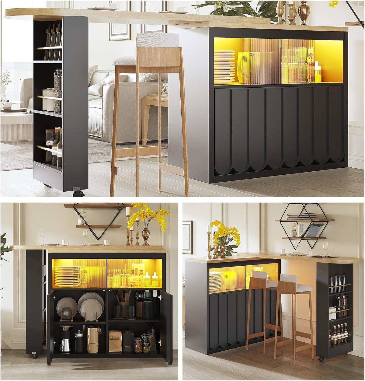 Ausziehbarer Bartisch Küchenschrank Höhe 100 Cm Mit Esstisch Ausziehbar Und LED Licht, Kücheninsel Sideboard Mit Stauraum, Buffetschrank Bistrotisch Barschrank Für Küche Und Esszimmer, Schwarz