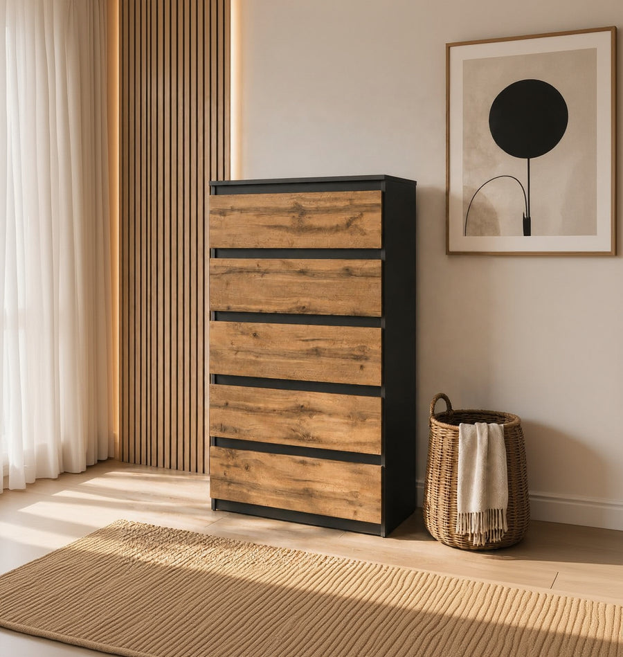 Kommode Mit 5 Schubladen - Holz Sideboard 70X115X33,5 Cm (B/H/T) - Schmale Kommode Für Schlafzimmer & Flur - Regal Mit Schubladen - Schrank Mit Schubladen (Grau Matt/Wotan)