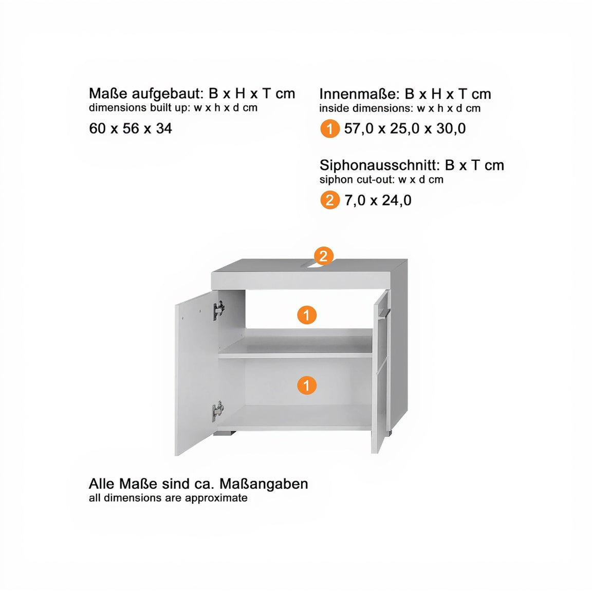 Trendteam Smart Living - Amanda - Waschbeckenunterschrank - Weiß/Weiß Hochglanz - 1 Einlegeboden - (Bxhxt) 60 X 56 X 34 Cm - Kratzfest