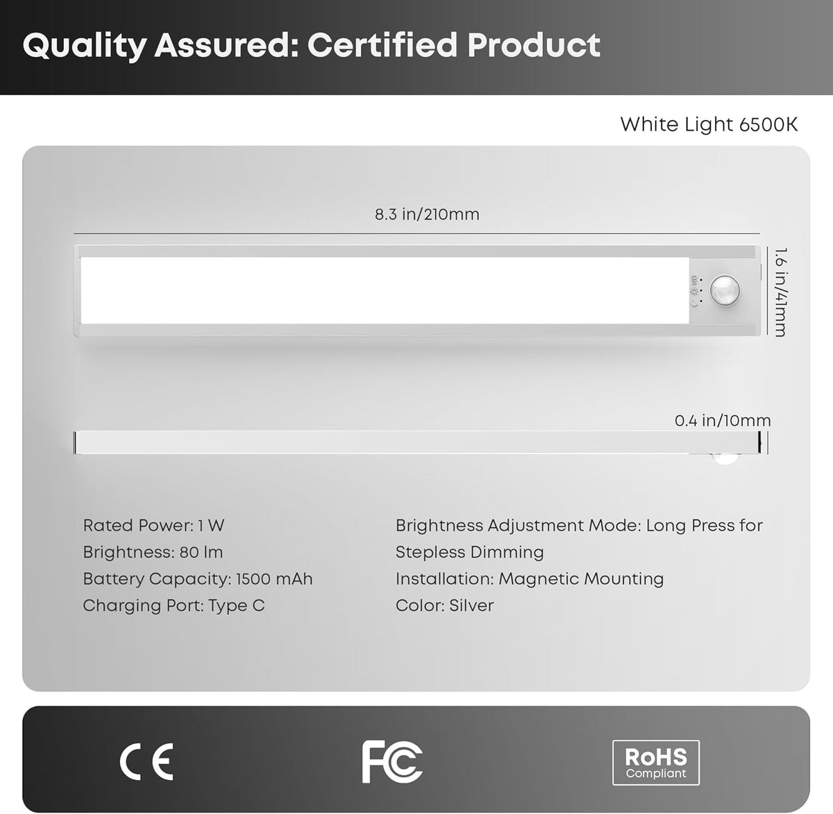LROLTEF Schrankbeleuchtung Led Lampe Mit Bewegungsmelder - 21Cm 1500Mah Unterbauleuchte Küche Licht Aufladbar Mit Sensor - Dimmbar Schranklicht Treppenlicht - Vitrinenbeleuchtung Magnetische | 2 Stück