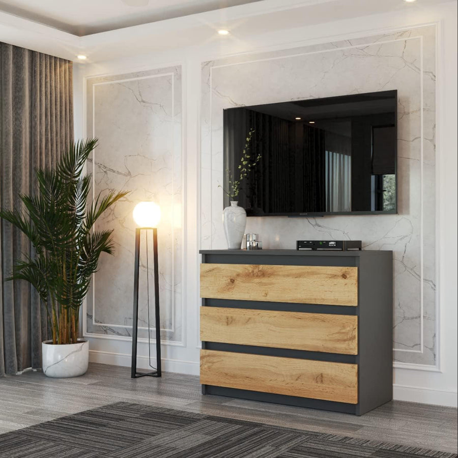 Kommode Mit 3 Schubladen – Schmale Schlafzimmer Kommode, Modernes Sideboard Holz - Grau Matt/Wotan – 80 X 71,5 X 33,5 Cm