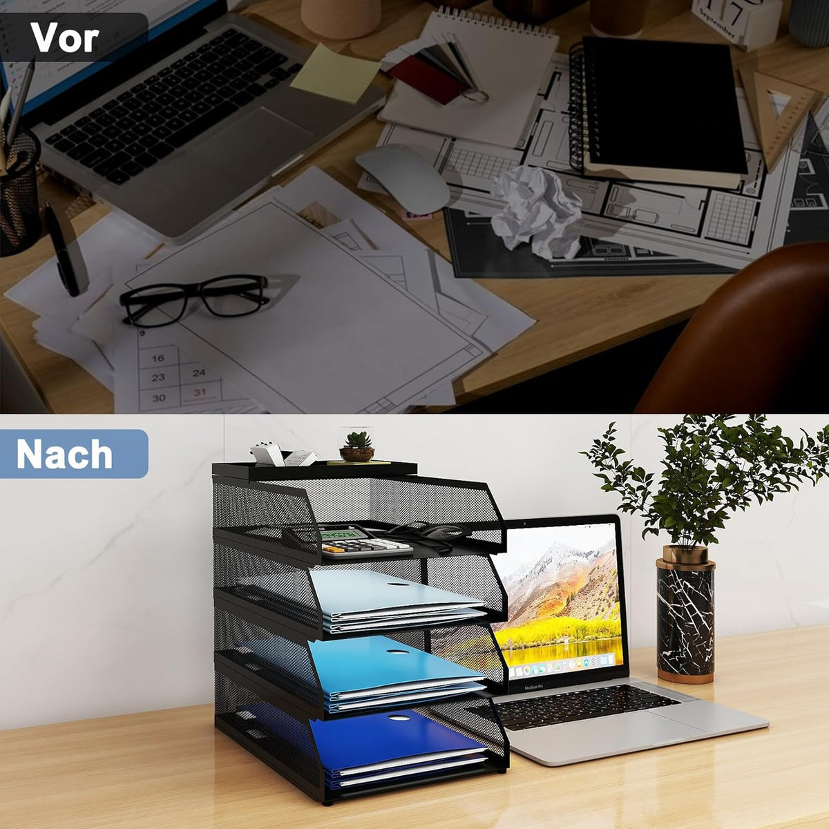 PUNCIA Dokumentenablage A4 Briefablage Aus Metall Stapelbar Mit Stiftablage | Papierablage 4 Ablagefächer Aktenablage Dokumentenhalter Aktenaufbewahrung Schreibtisch Organizer Für Büro Schule Schwarz
