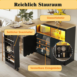 Ausziehbarer Bartisch Küchenschrank Höhe 100 Cm Mit Esstisch Ausziehbar Und LED Licht, Kücheninsel Sideboard Mit Stauraum, Buffetschrank Bistrotisch Barschrank Für Küche Und Esszimmer, Schwarz