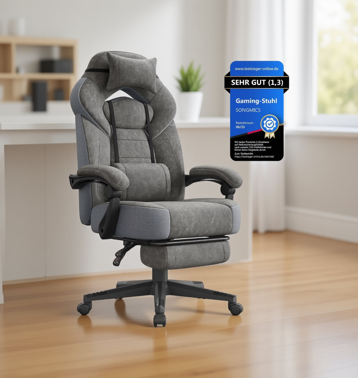 SONGMICS Gaming-Stuhl, Ergonomisches Design, Mit Fußstütze | Bürostuhl, Computerstuhl, Verstellbares Kopfkissen, Lendenkissen, Tragkraft 150 Kg, OBG077G01