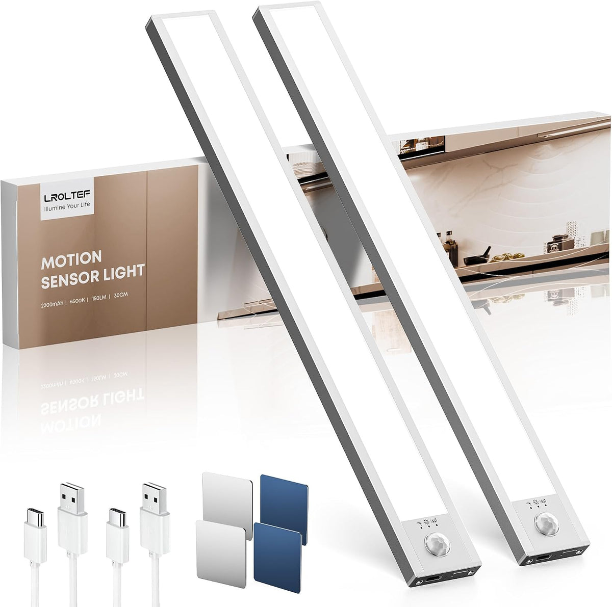LROLTEF Schrankbeleuchtung Led Lampe Mit Bewegungsmelder - 21Cm 1500Mah Unterbauleuchte Küche Licht Aufladbar Mit Sensor - Dimmbar Schranklicht Treppenlicht - Vitrinenbeleuchtung Magnetische | 2 Stück